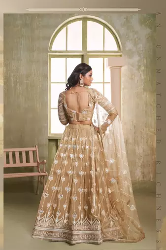 Light Brown Heavy Embroidery Net Semi Stitch A Line Lehenga With Blouse