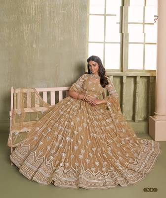 Light Brown Heavy Embroidery Net Semi Stitch A Line Lehenga With Blouse 3