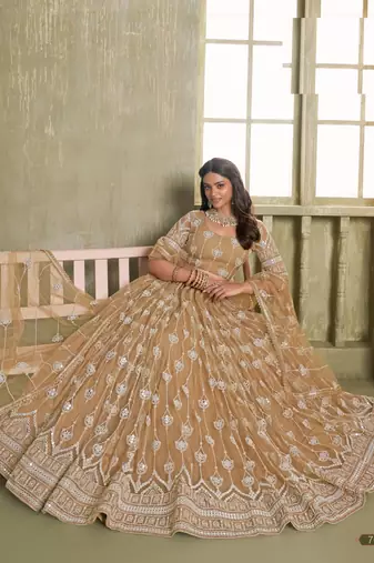 Light Brown Heavy Embroidery Net Semi Stitch A Line Lehenga With Blouse