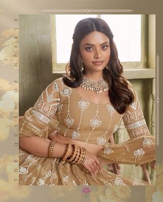 Light Brown Heavy Embroidery Net Semi Stitch A Line Lehenga With Blouse 4