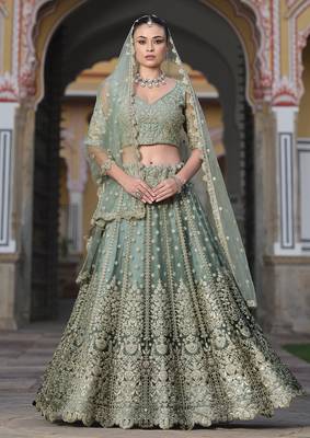 Olive Net Fabric Stone Work Lehenga Choli Set 1