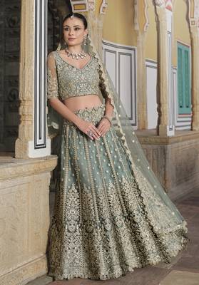 Olive Net Fabric Stone Work Lehenga Choli Set 2