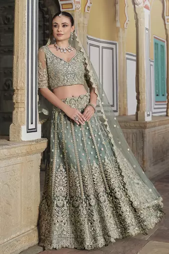 Olive Net Fabric Stone Work Lehenga Choli Set