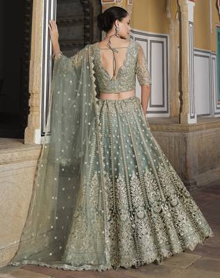 Olive Net Fabric Stone Work Lehenga Choli Set 3