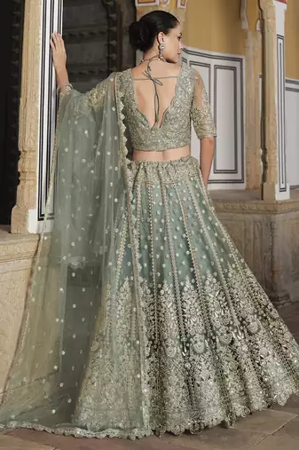 Olive Net Fabric Stone Work Lehenga Choli Set