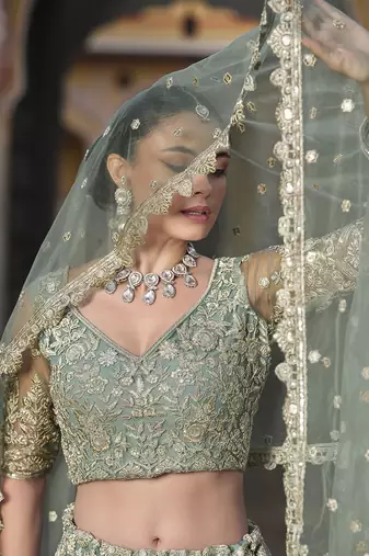 Olive Net Fabric Stone Work Lehenga Choli Set