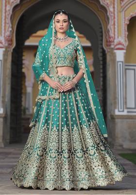 Embroidered Butterfly Net  Turquoise Designer Ceremonial Lehenga Choli 1
