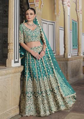 Embroidered Butterfly Net  Turquoise Designer Ceremonial Lehenga Choli 2