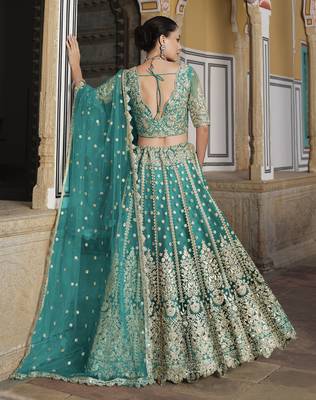 Embroidered Butterfly Net  Turquoise Designer Ceremonial Lehenga Choli 3