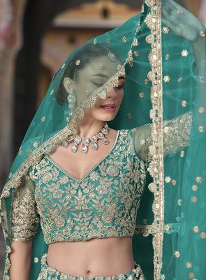 Embroidered Butterfly Net  Turquoise Designer Ceremonial Lehenga Choli 4