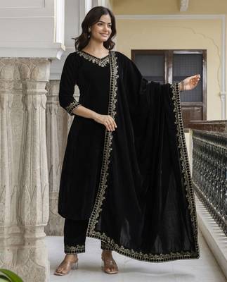 Trendmalls Women's velvet embroidery salwar suit set kurta pant with dupatta 5