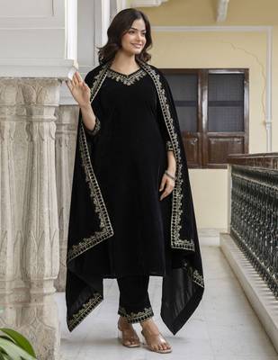 Trendmalls Women's velvet embroidery salwar suit set kurta pant with dupatta 6