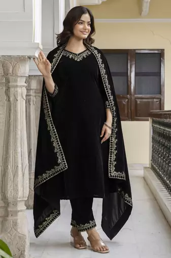 Trendmalls Women's velvet embroidery salwar suit set kurta pant with dupatta