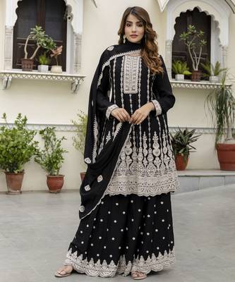 Trendmalls Women's art silk embroidery a line kurta sharara with dupatta set 1