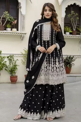 Women's art silk embroidery a line kurta sharara with dupatta set