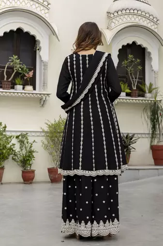 Women's art silk embroidery a line kurta sharara with dupatta set