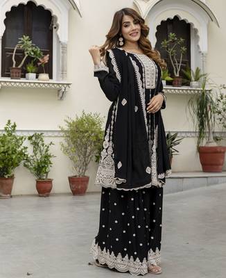 Trendmalls Women's art silk embroidery a line kurta sharara with dupatta set 4