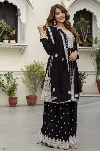 Women's art silk embroidery a line kurta sharara with dupatta set