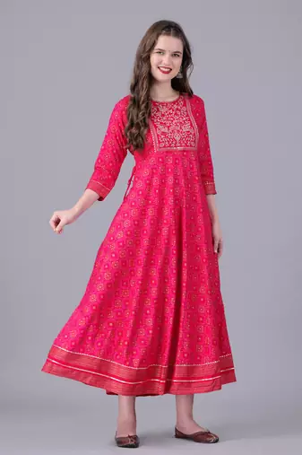 Pink women embroidered floral printed anarkali kurta
