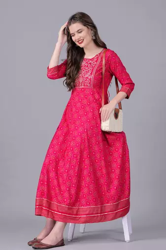 Pink women embroidered floral printed anarkali kurta