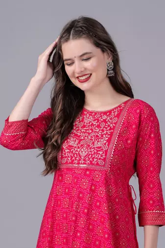 Pink women embroidered floral printed anarkali kurta