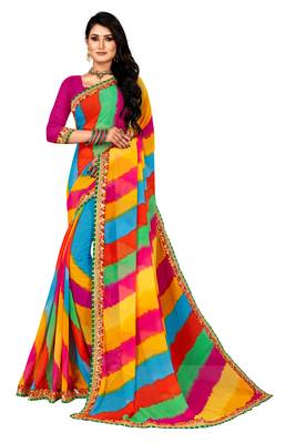 Striped Leheriya Georgette Saree  (Multicolor) 1