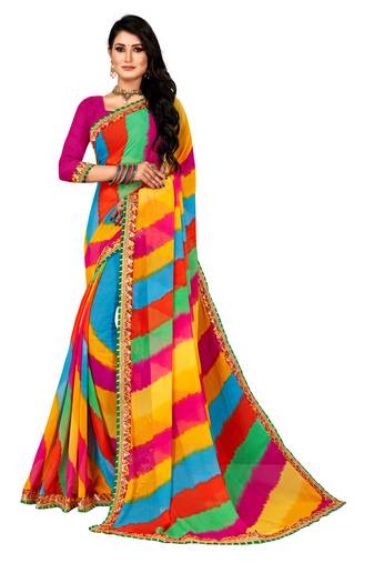 Striped Leheriya Georgette Saree  (Multicolor)