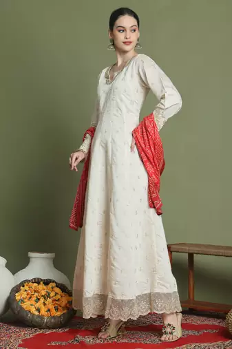 cream raw silk embroidered gown style
