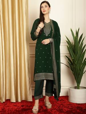 green georgette embroidered suit set 1