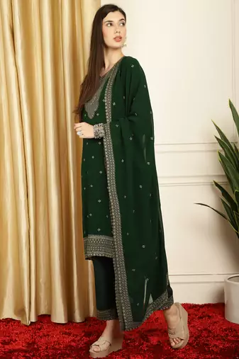 green georgette embroidered suit set