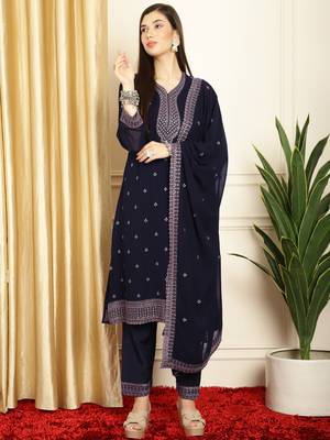 navy blue georgette embroidered suit set 1