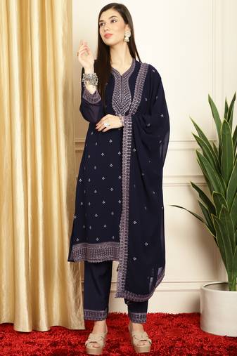 navy blue georgette embroidered suit set