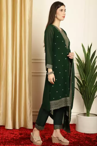 green georgette embroidered suit set