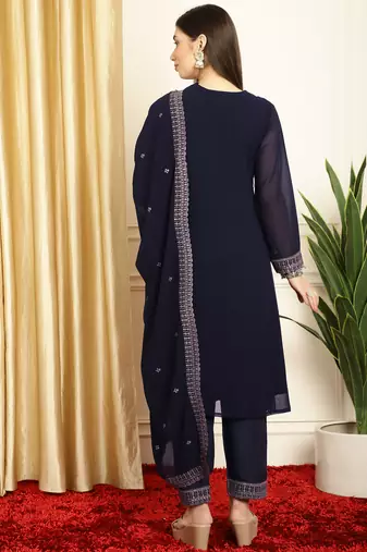 navy blue georgette embroidered suit set
