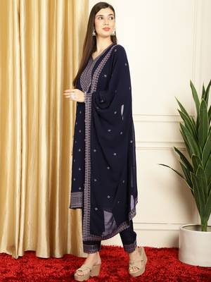 navy blue georgette embroidered suit set 3