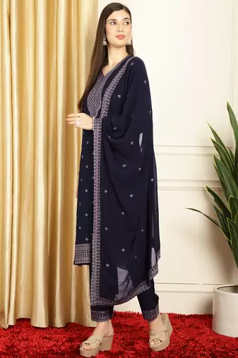 navy blue georgette embroidered suit set