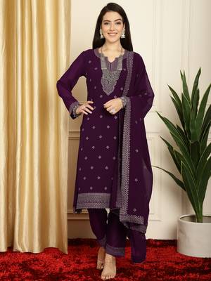 burgundy georgette embroidered suit set 1