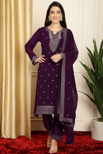 burgundy georgette embroidered suit set