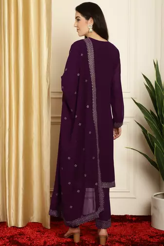 burgundy georgette embroidered suit set