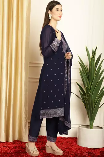 navy blue georgette embroidered suit set