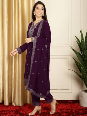 burgundy georgette embroidered suit set 3