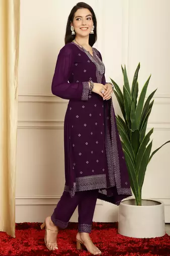 burgundy georgette embroidered suit set