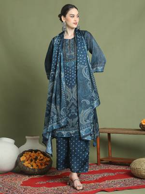 navy blue satin embroidered suit set 1