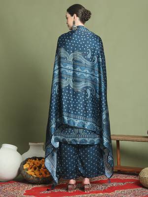 navy blue satin embroidered suit set 2