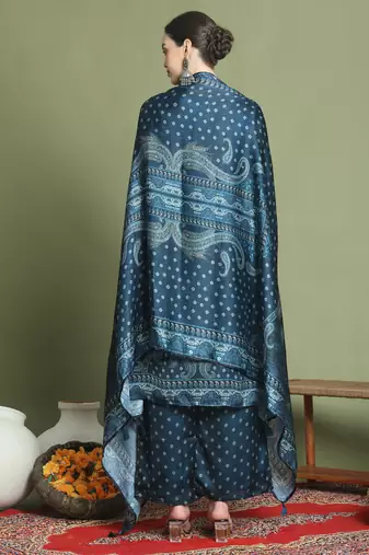 navy blue satin embroidered suit set