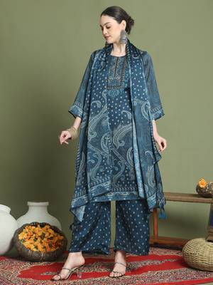 navy blue satin embroidered suit set 3