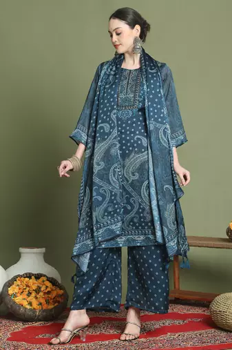 navy blue satin embroidered suit set