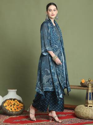 navy blue satin embroidered suit set 4
