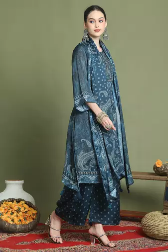 navy blue satin embroidered suit set