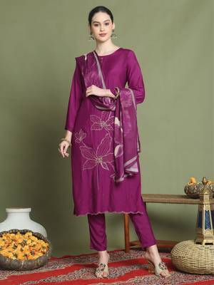 magenta muslin embroidered suit set 1
